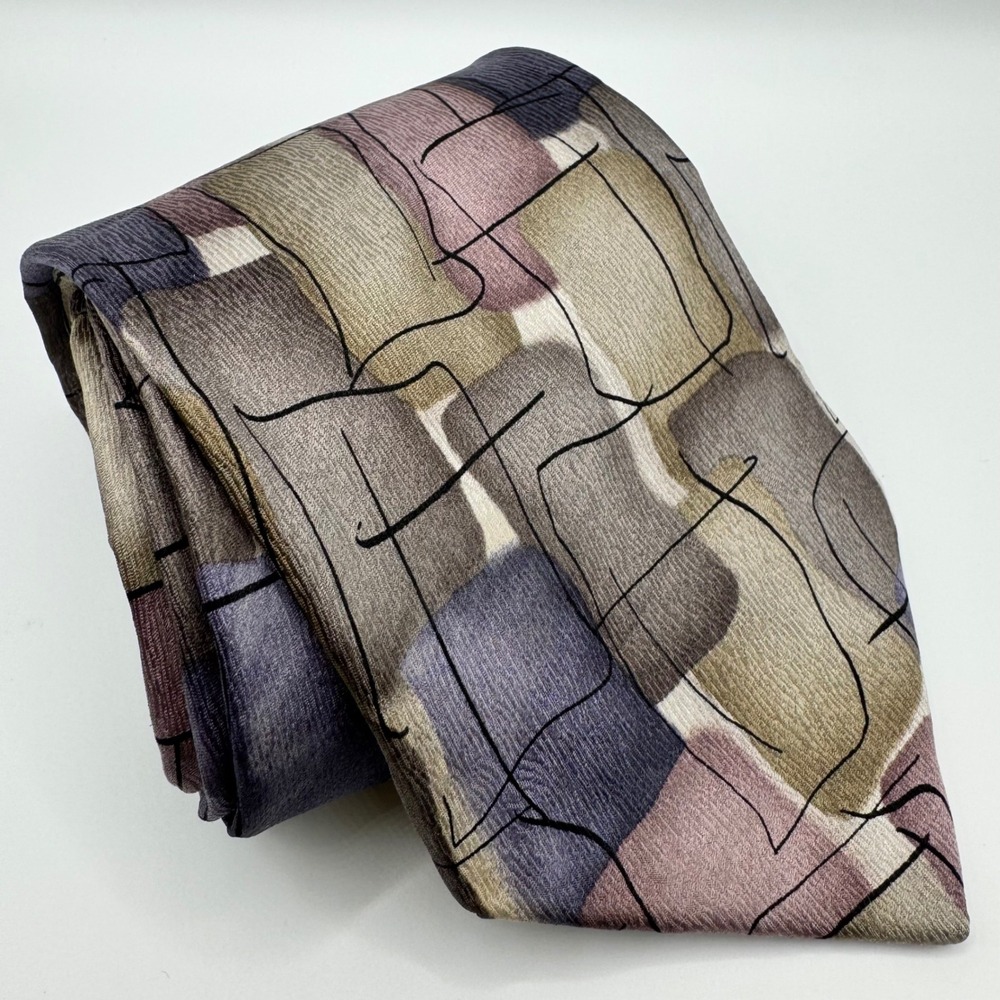 VINTAGE J. Garcia Mens Silk Necktie Abstract Purple Grey Tie Watercolor